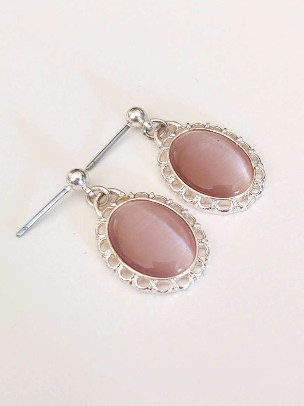 Silver and pink drop earrings
